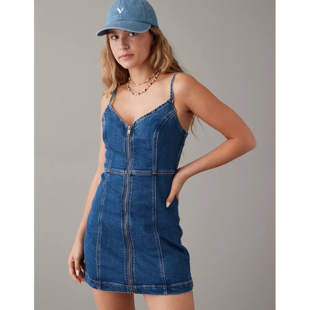 American Eagle Denim Mini Dress Womens M Blue Zip Front Y2K Cotton Stretch EUC